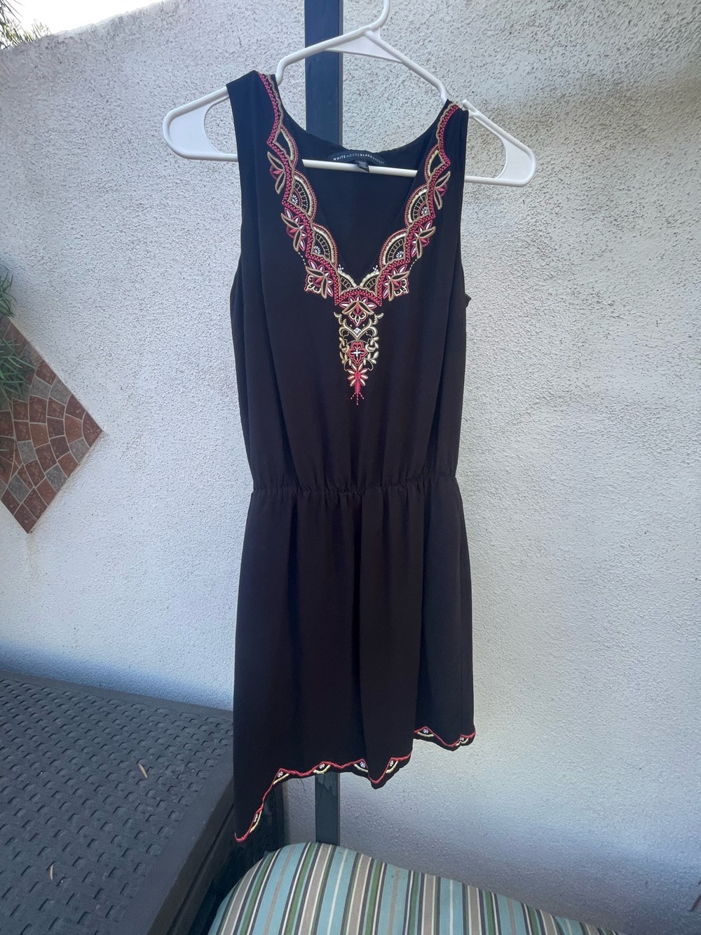 White House Black Market Black Mini Dress with Pink & Gold Embroidery